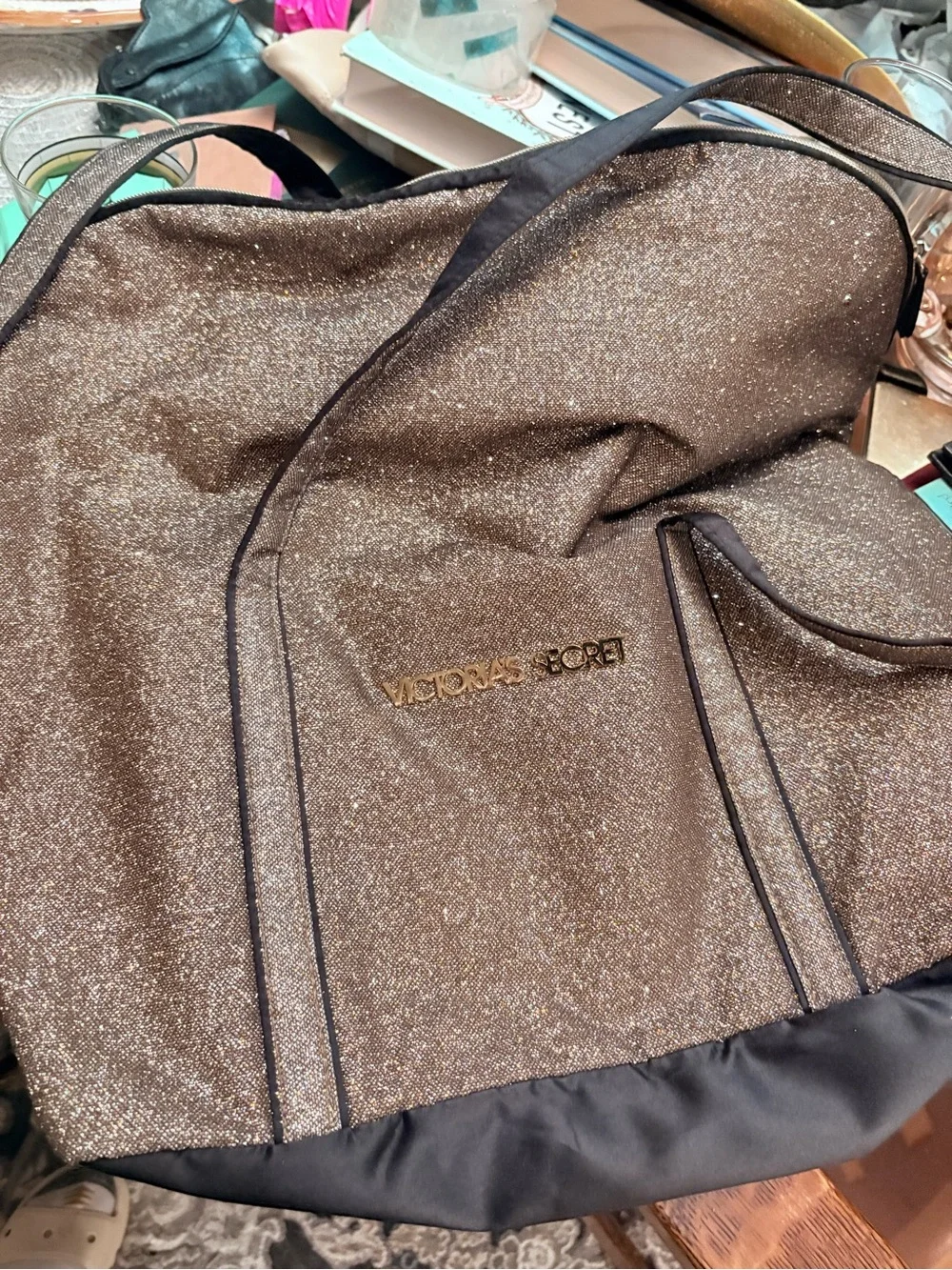 Victoria's Secret Gold Shimmer Sparkle w Black Weekender Bowler Tote 19” x 15”